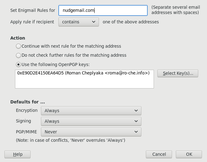 Per-recipient rules for Nudgemail in Enigmail