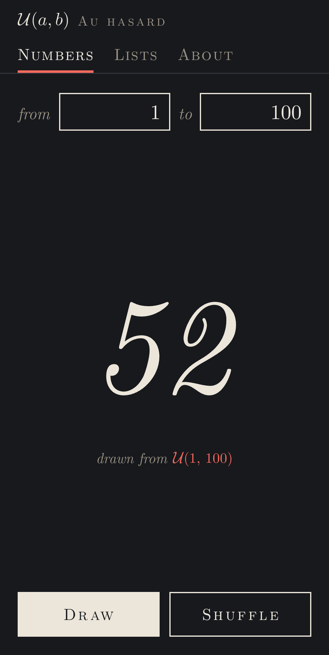 The Numbers tab: the number 52 drawn from the range 1 to 100