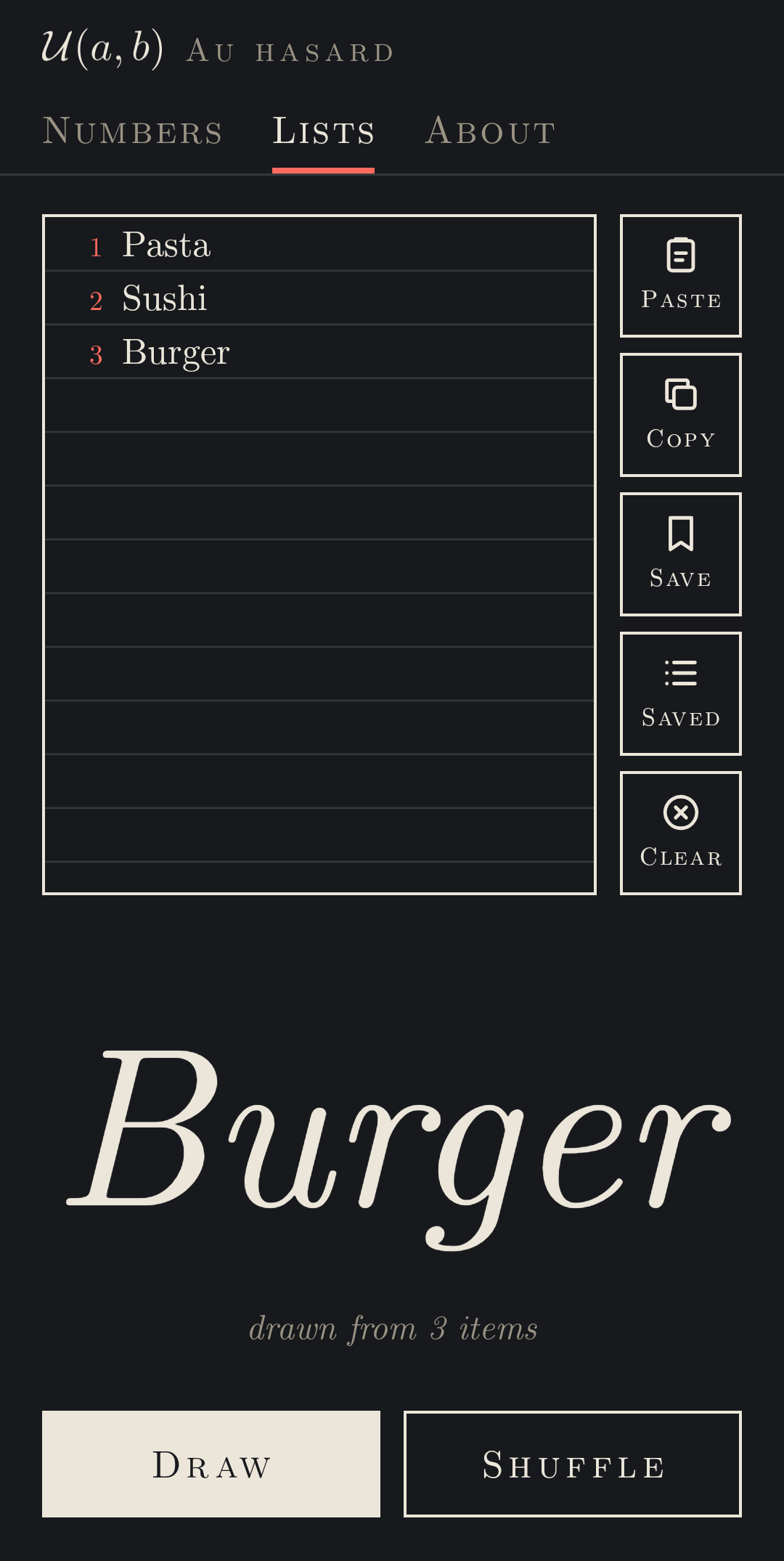 The Lists tab: “Burger” drawn from a list of three items