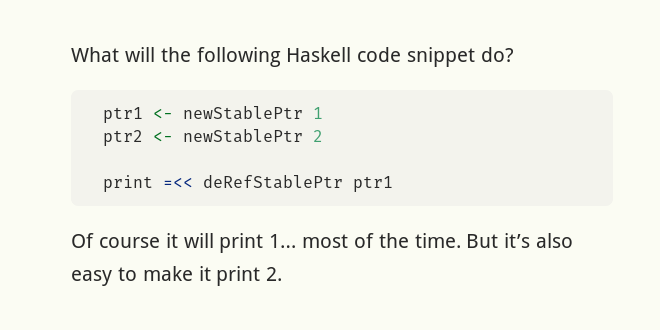 Undefined behavior StablePtr in Haskell