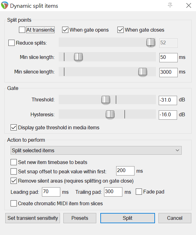 Dynamic split dialog with my typical settings