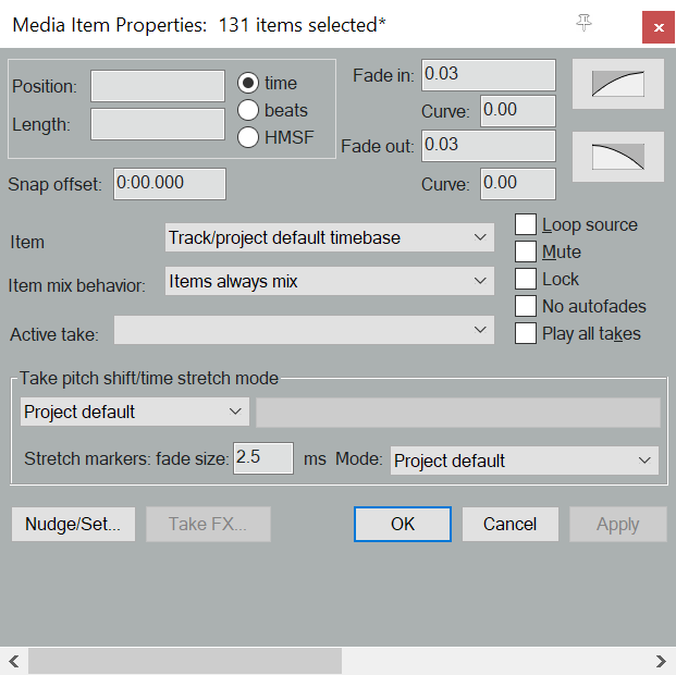 Applying fades to split items